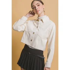 Faux Leather Cropped Button Down Jacket