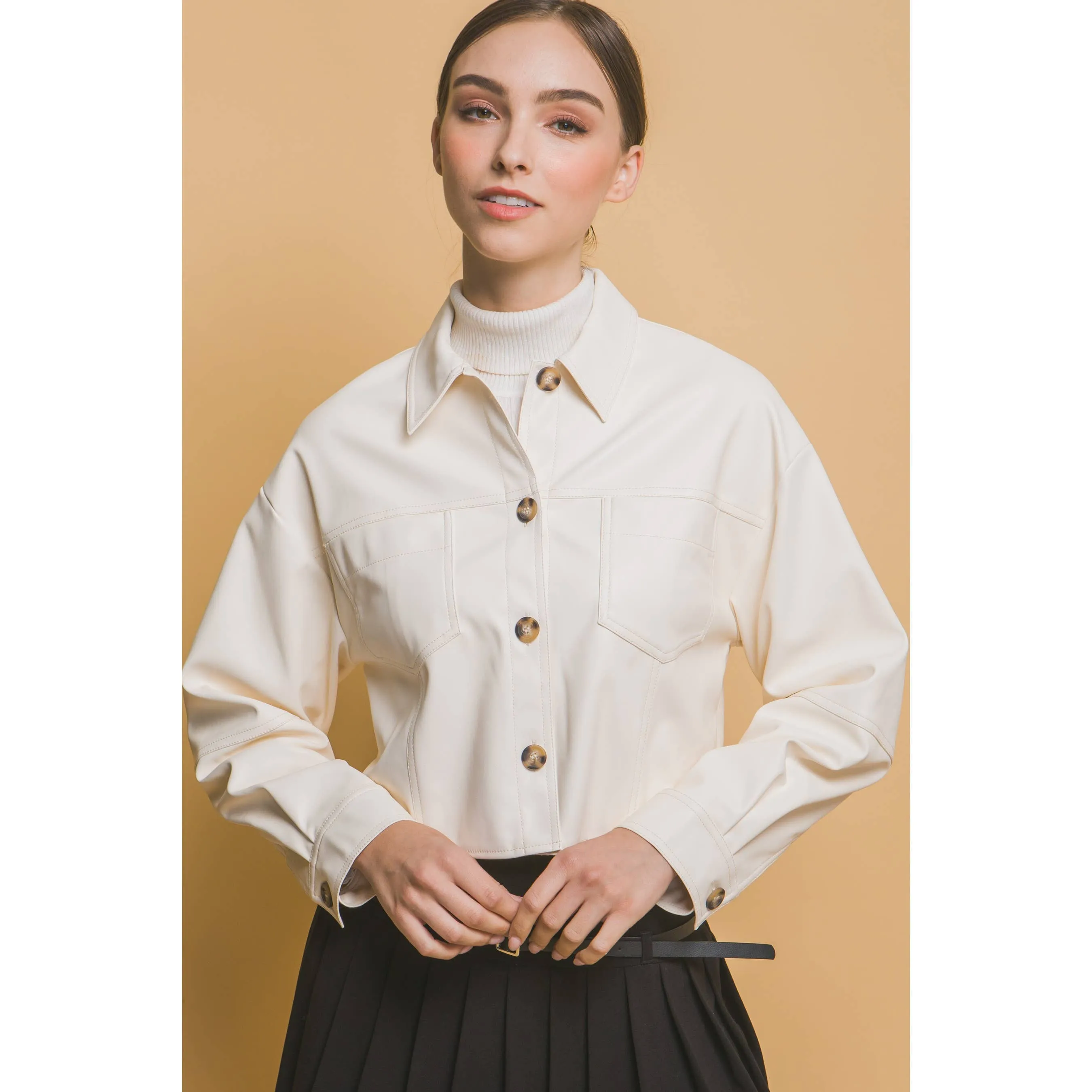 Faux Leather Cropped Button Down Jacket