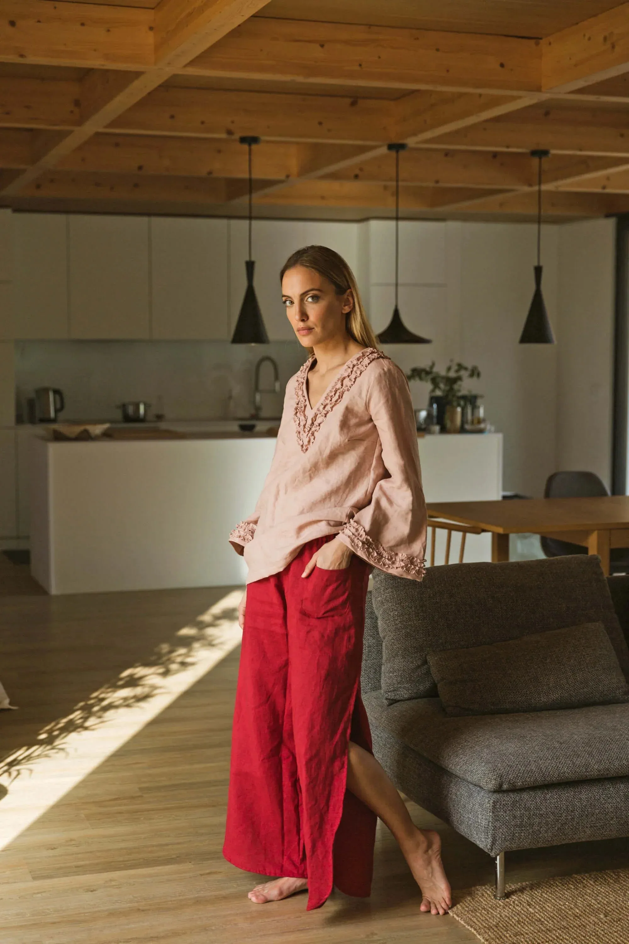 Flared linen pants icy blue - Muriel
