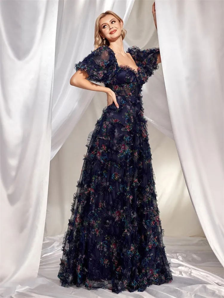 Floral Backless Lace Short Sleeve Evening Dress