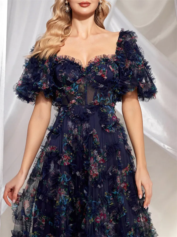 Floral Backless Lace Short Sleeve Evening Dress