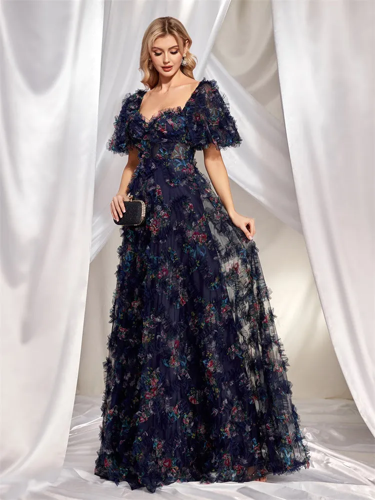 Floral Backless Lace Short Sleeve Evening Dress