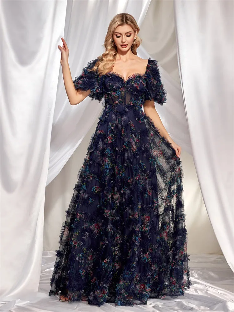 Floral Backless Lace Short Sleeve Evening Dress