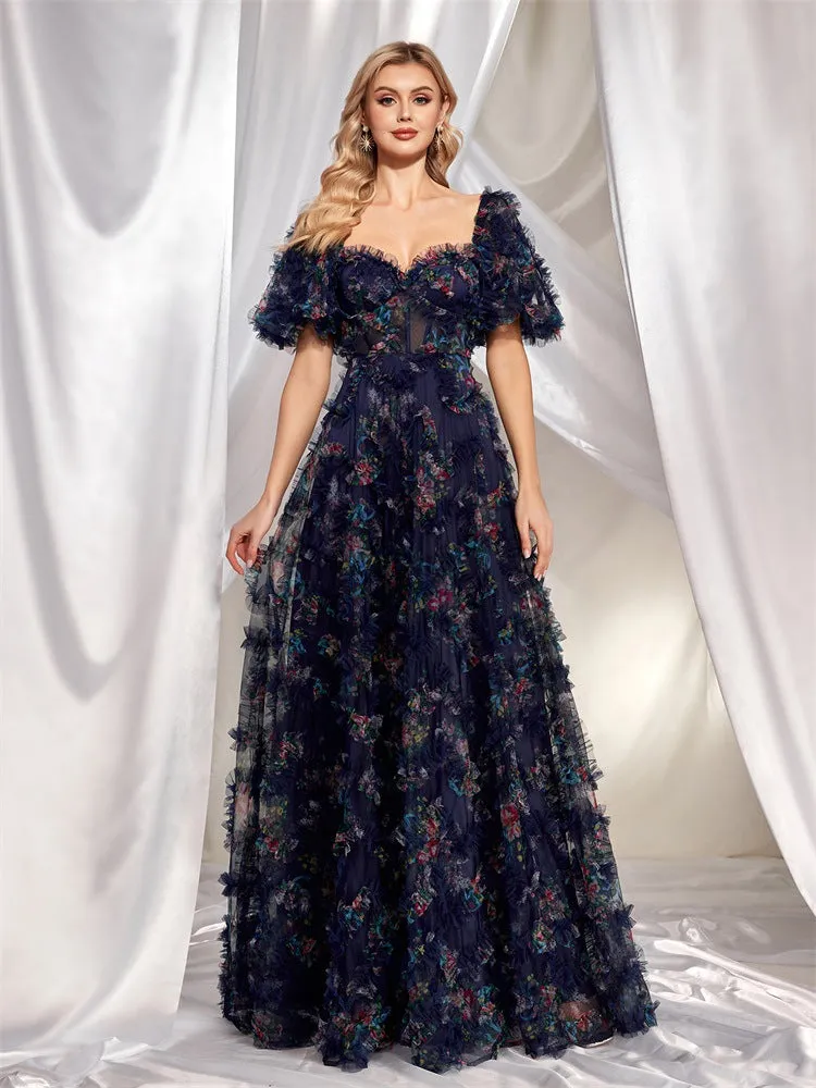 Floral Backless Lace Short Sleeve Evening Dress