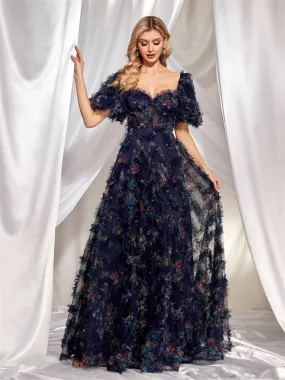 Floral Backless Lace Short Sleeve Evening Dress