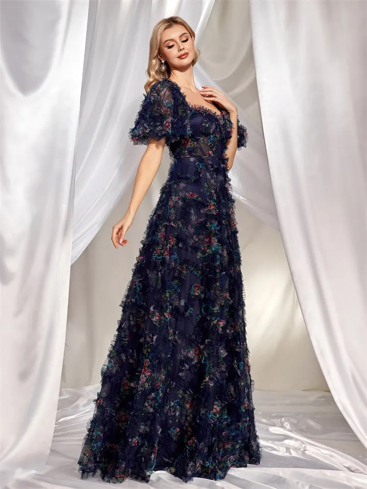 Floral Backless Lace Short Sleeve Evening Dress