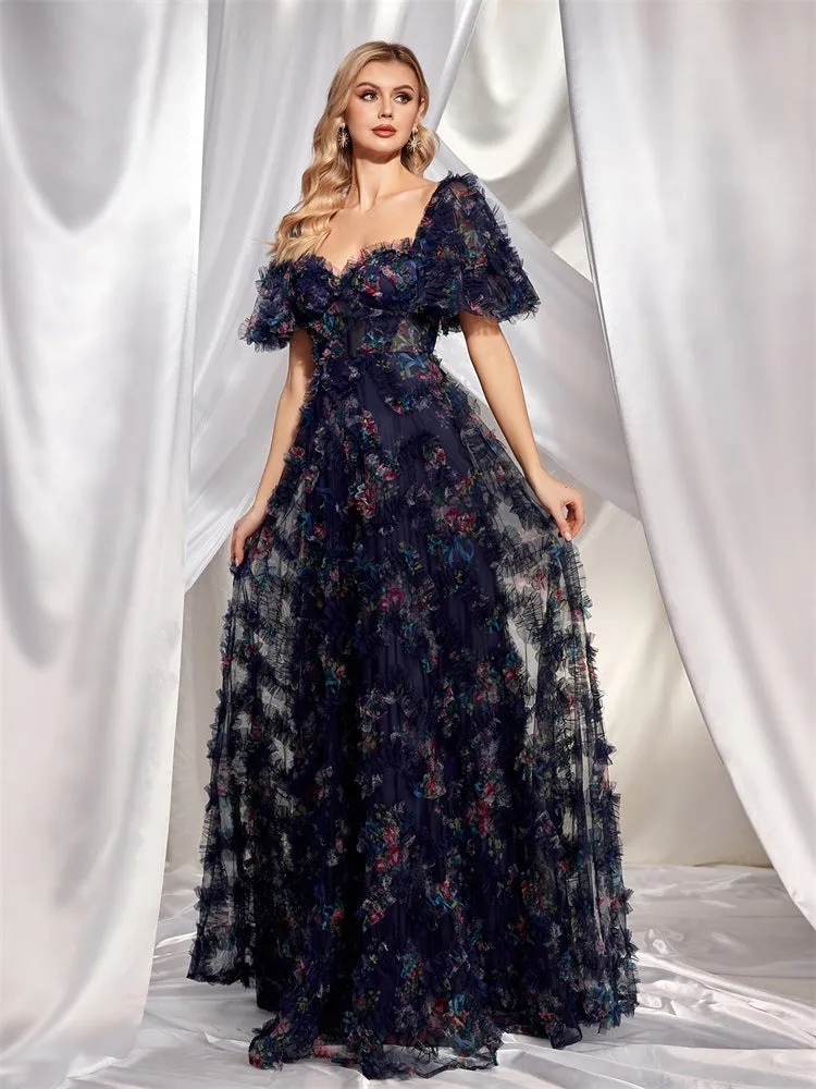 Floral Backless Lace Short Sleeve Evening Dress