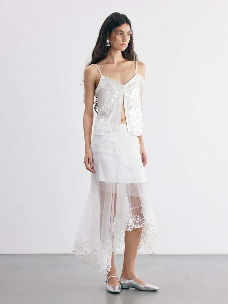 Flower Embroidered Lace Irregular Mesh Lace Skirt