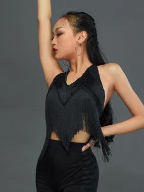 Fringe High Waist Backless Sleeveless Top Latin Dance Cropped Halter Tank Top