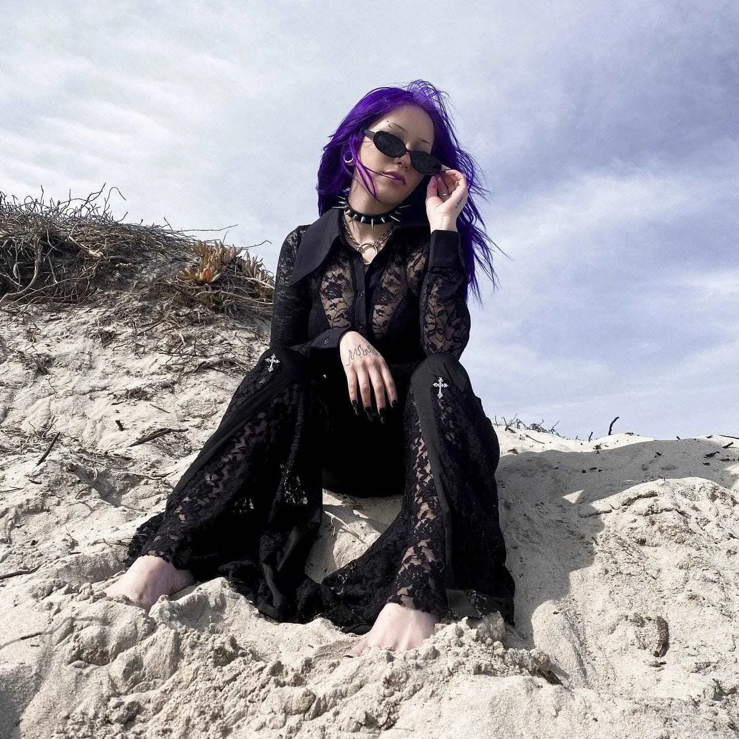 Gothic Lace Splice Flared Pants