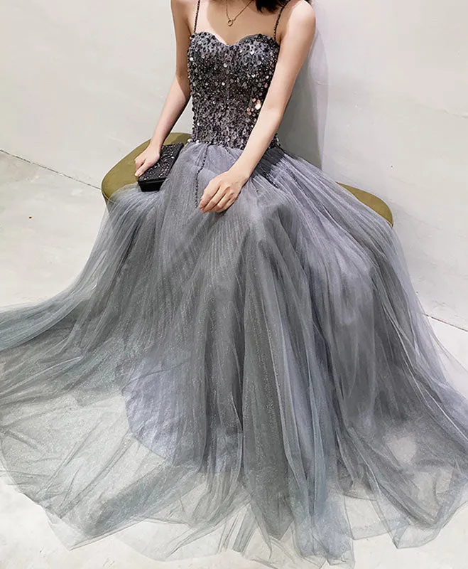 Gray Tulle Sequin Long Prom Dress Gray Tulle Formal Dress