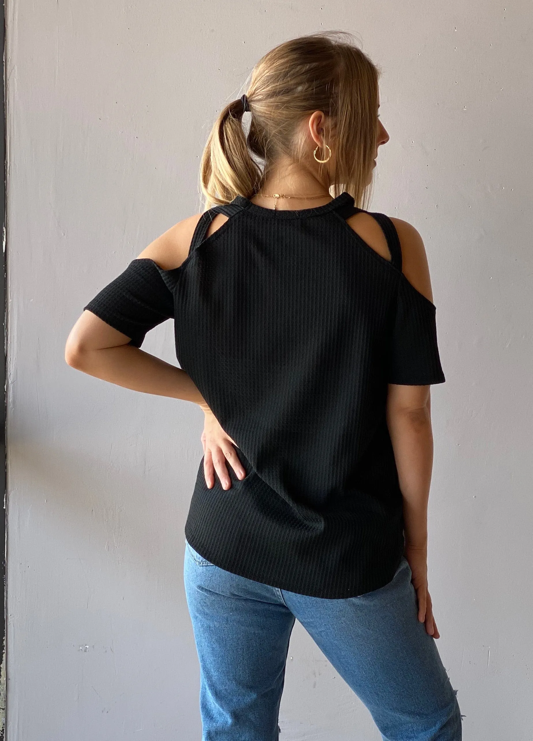 HALLELUJAH Strappy ColdShoulder WaffleKnit ShortSleeve Top