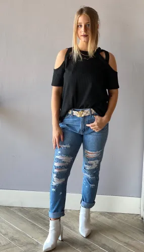HALLELUJAH Strappy ColdShoulder WaffleKnit ShortSleeve Top