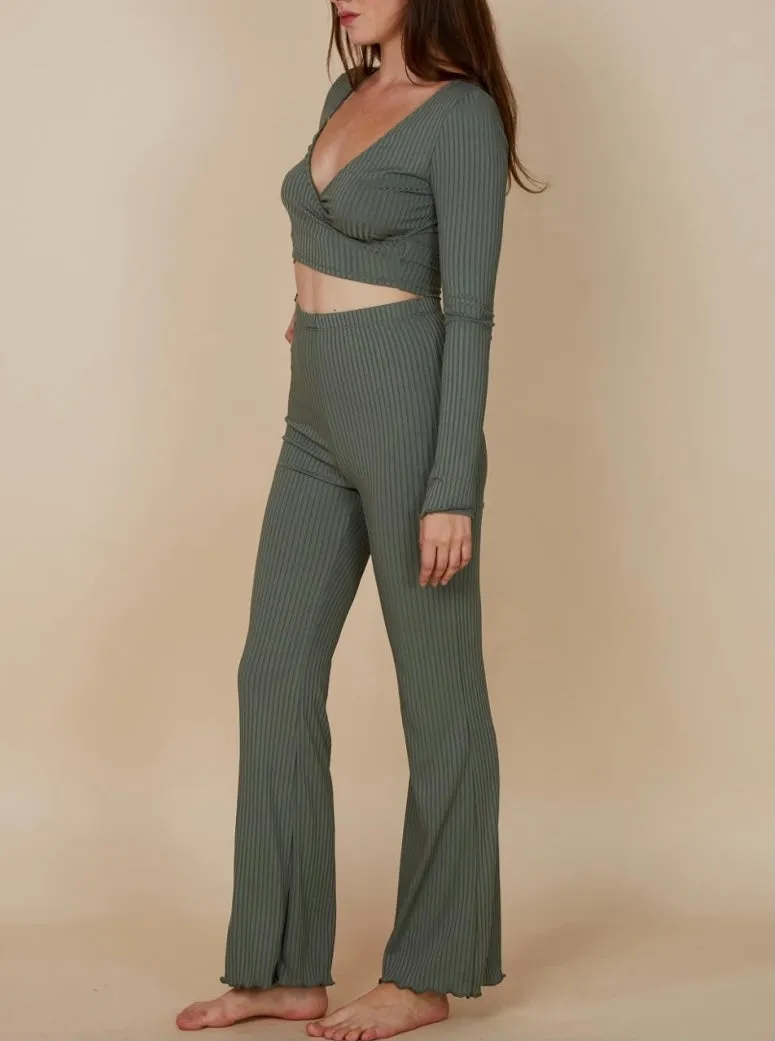 High Waist Rib Lettuce Hem Pants