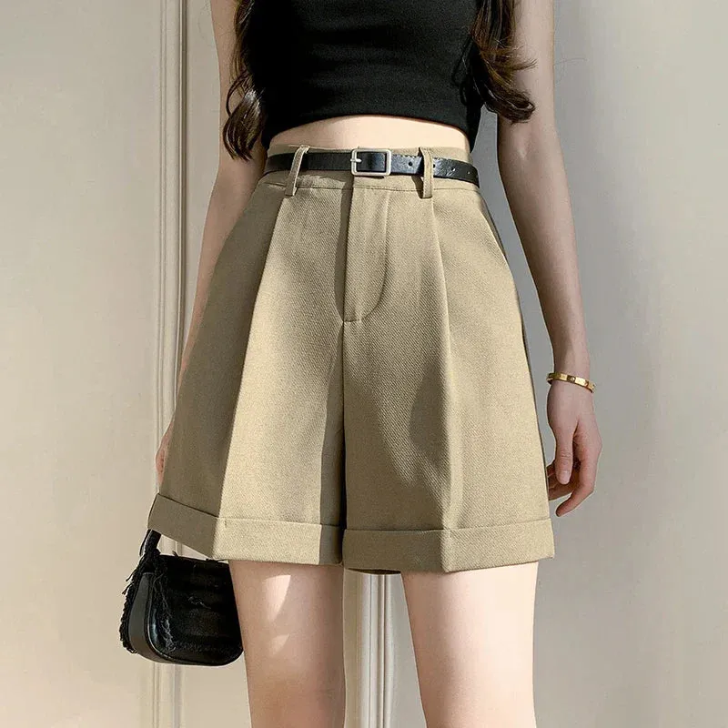 High Waist Wide Leg 2024 New Elegant Office Lady Style Casual Solid Pockets Minimalism Shorts