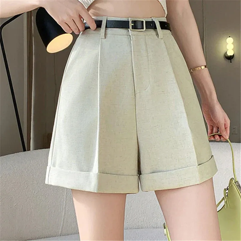 High Waist Wide Leg 2024 New Elegant Office Lady Style Casual Solid Pockets Minimalism Shorts
