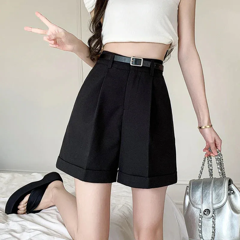 High Waist Wide Leg 2024 New Elegant Office Lady Style Casual Solid Pockets Minimalism Shorts