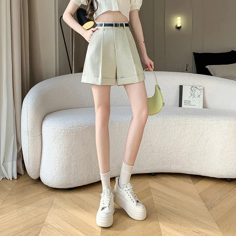High Waist Wide Leg 2024 New Elegant Office Lady Style Casual Solid Pockets Minimalism Shorts