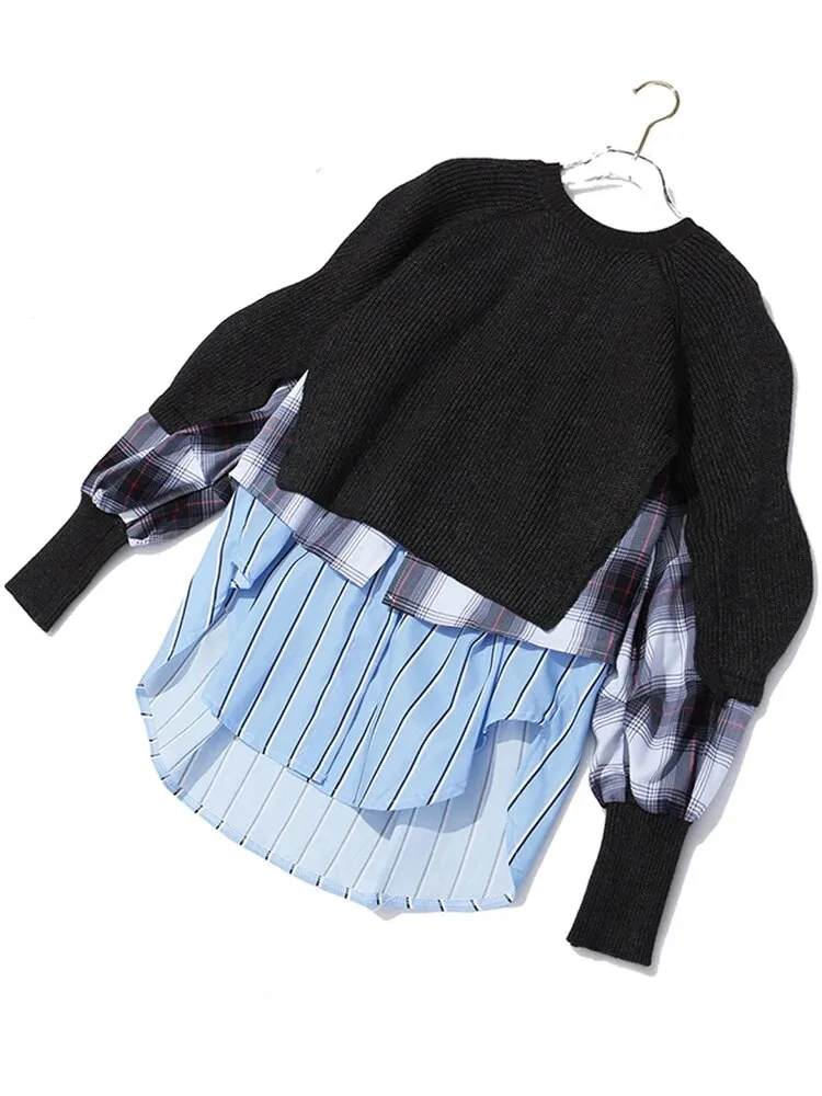 Hit Color Patchwork Sweater For Women Round Neck Long Sleeve Plaid Casual Loose Sweater Female Fashion Clothes