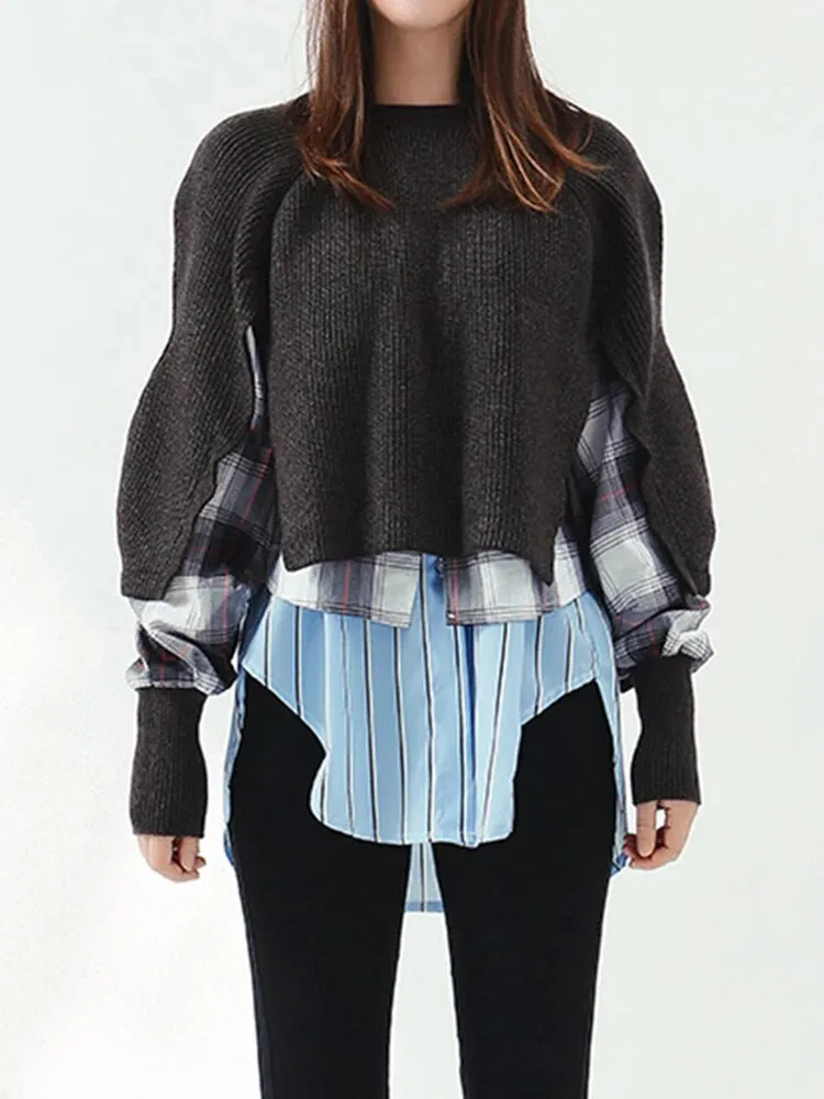 Hit Color Patchwork Sweater For Women Round Neck Long Sleeve Plaid Casual Loose Sweater Female Fashion Clothes