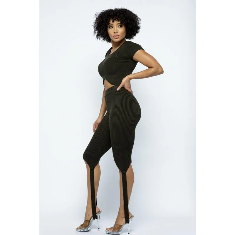 Knit Stirrup Crop Top Pant Set (Black)