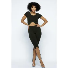 Knit Stirrup Crop Top Pant Set (Black)