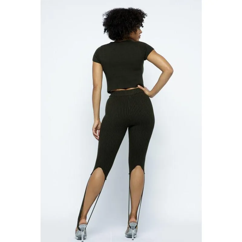 Knit Stirrup Crop Top Pant Set (Black)