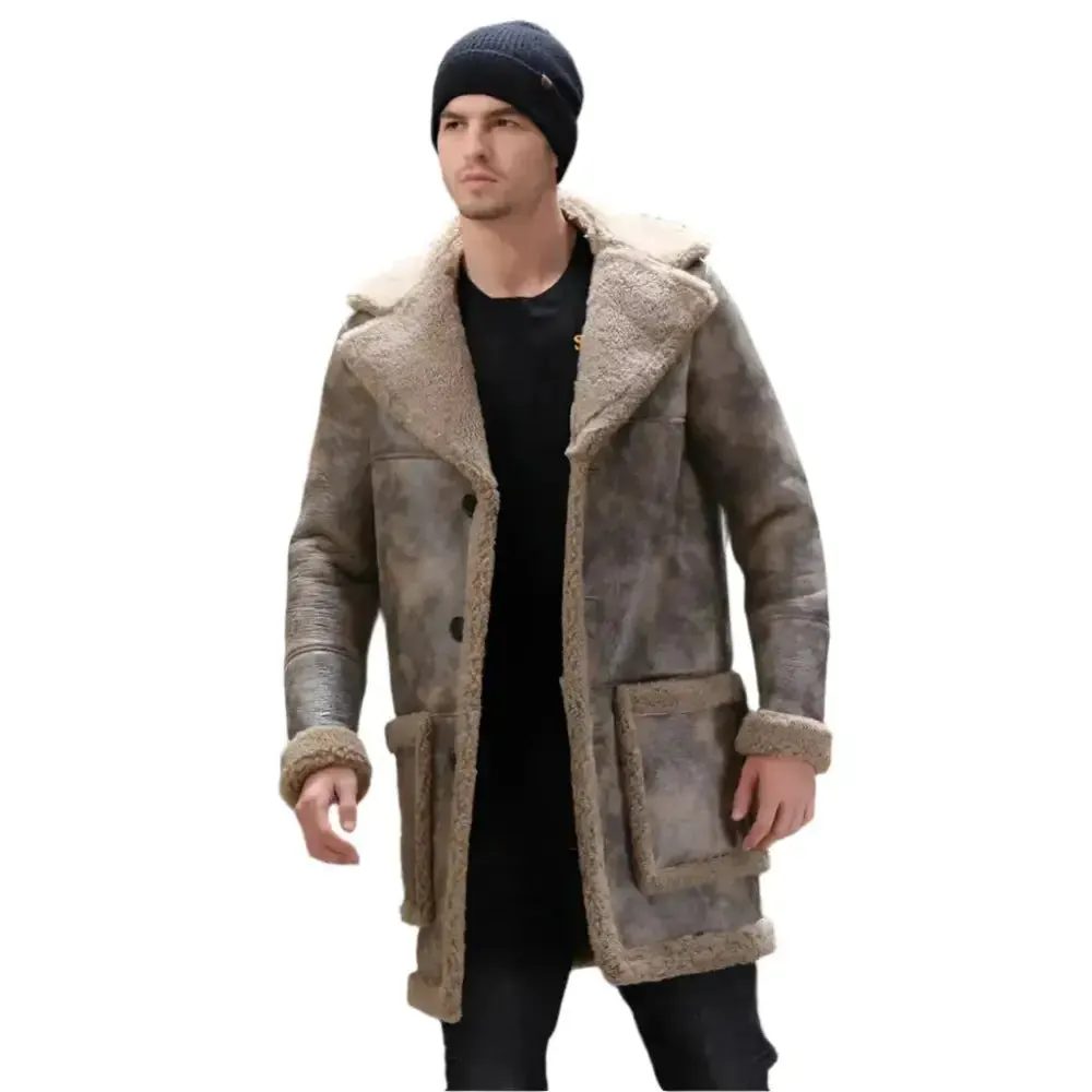 Men's Long Waxed Shearling Sheepskin Fur Coat - Warm & Stylish