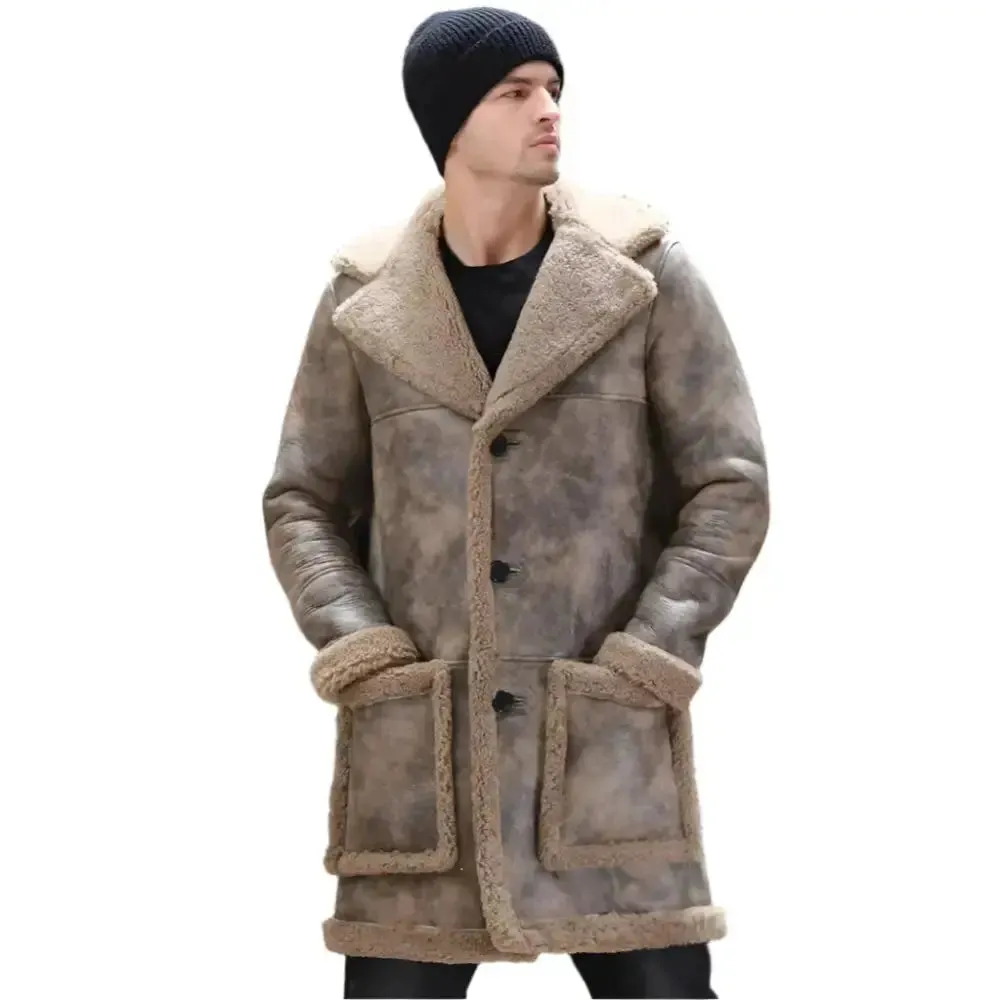 Men's Long Waxed Shearling Sheepskin Fur Coat - Warm & Stylish