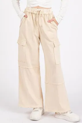 Mineral Wash Elastic Waist Cargo Wide Leg Pants