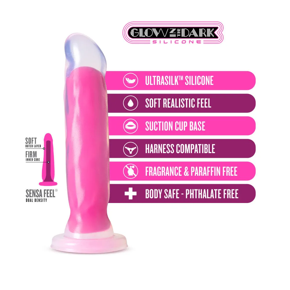 Neo Elite By Blush® | Marquee Glow In The Dark Neon Pink: 8-Inch Long Dildo - Made with Purio™ Silicone & SensaFeel® Dual Density Realistic Technology