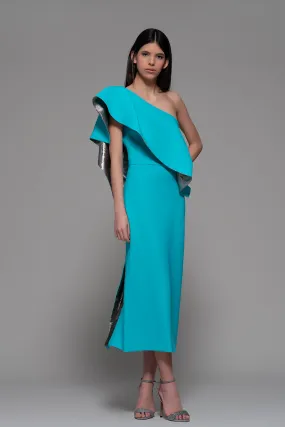 One-Shoulder Asymmetric Double-Faced Midi Dress