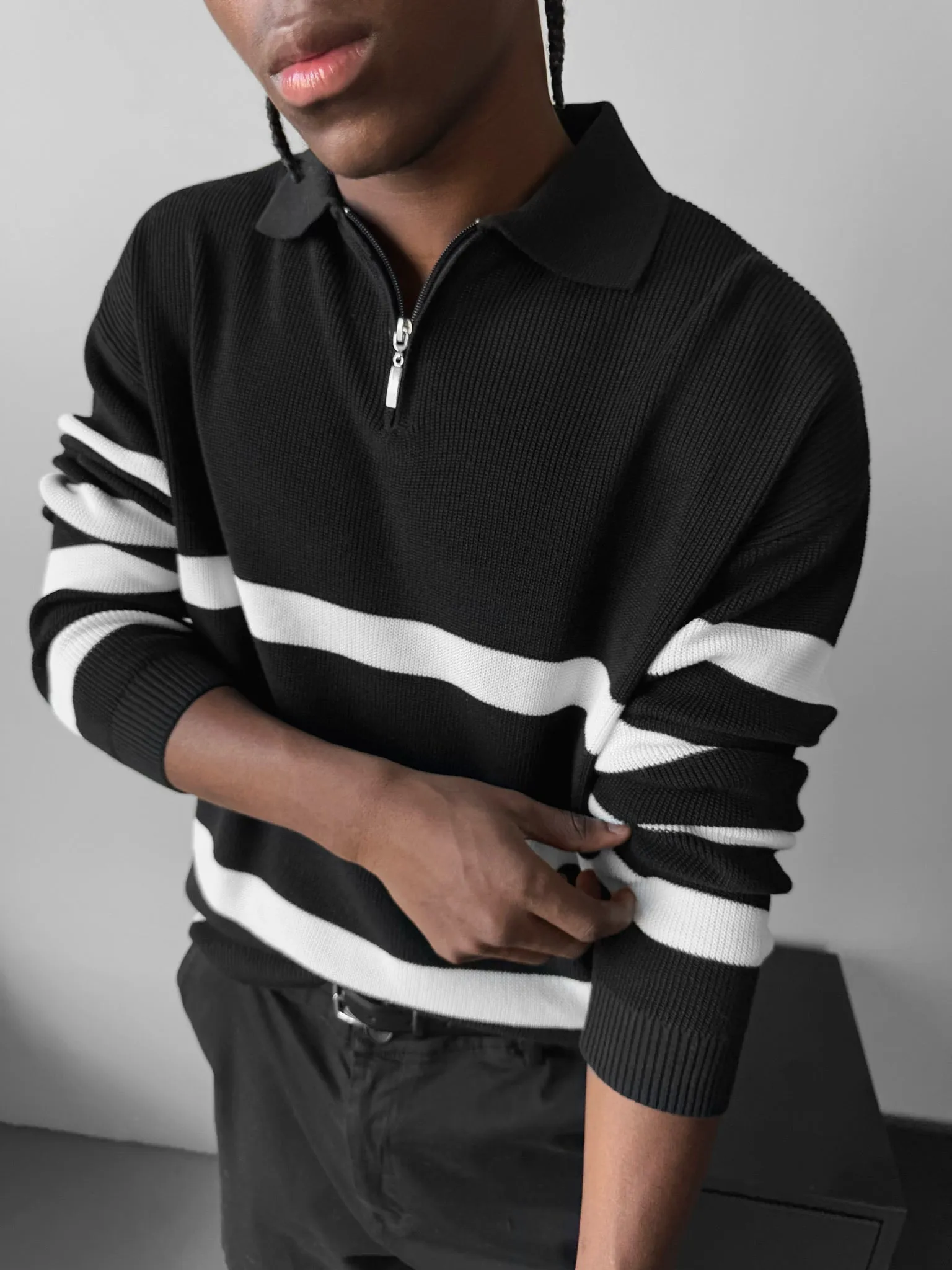 Oversize Knit Crop Polo Sweater - Black