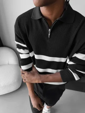 Oversize Knit Crop Polo Sweater - Black