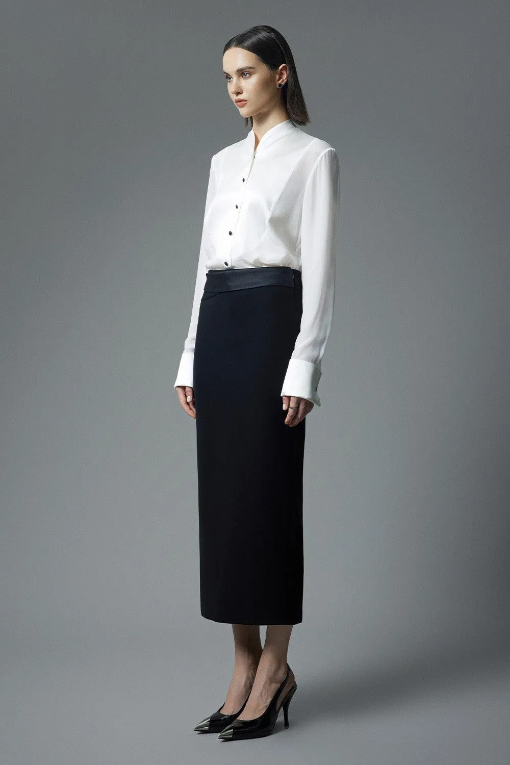 Pamplona Straight Zipper Satin Crepe Midi Skirt