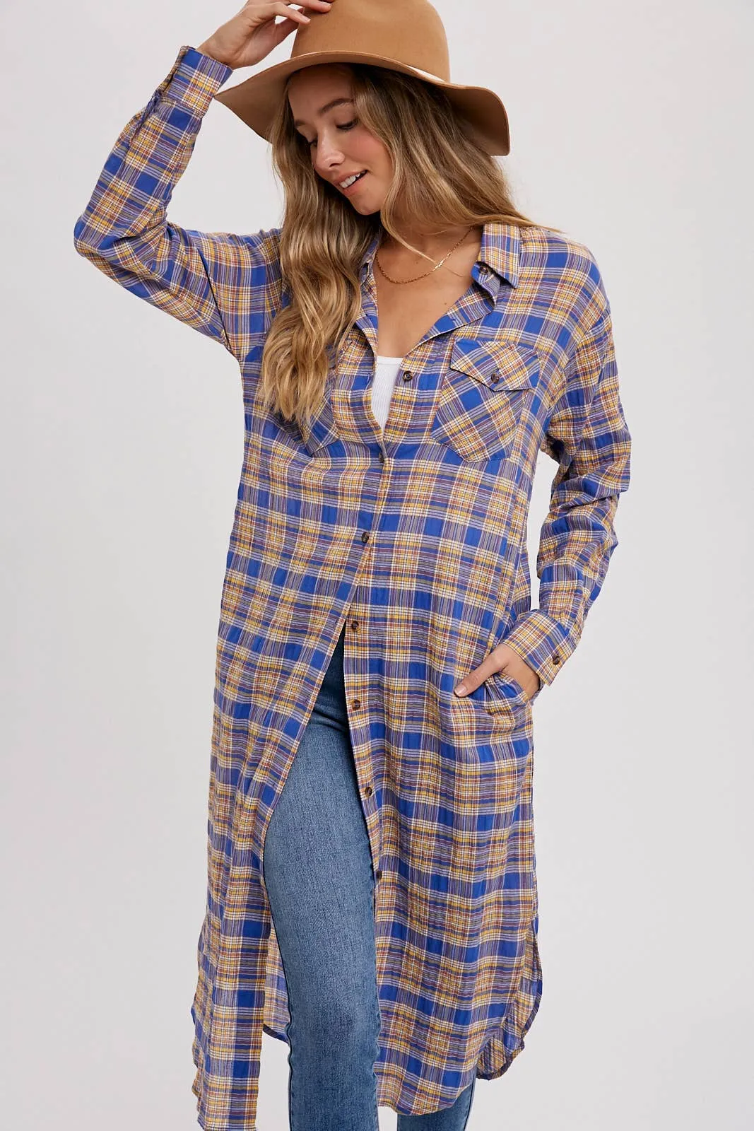 Peri Blue Longline Flannel Shirt