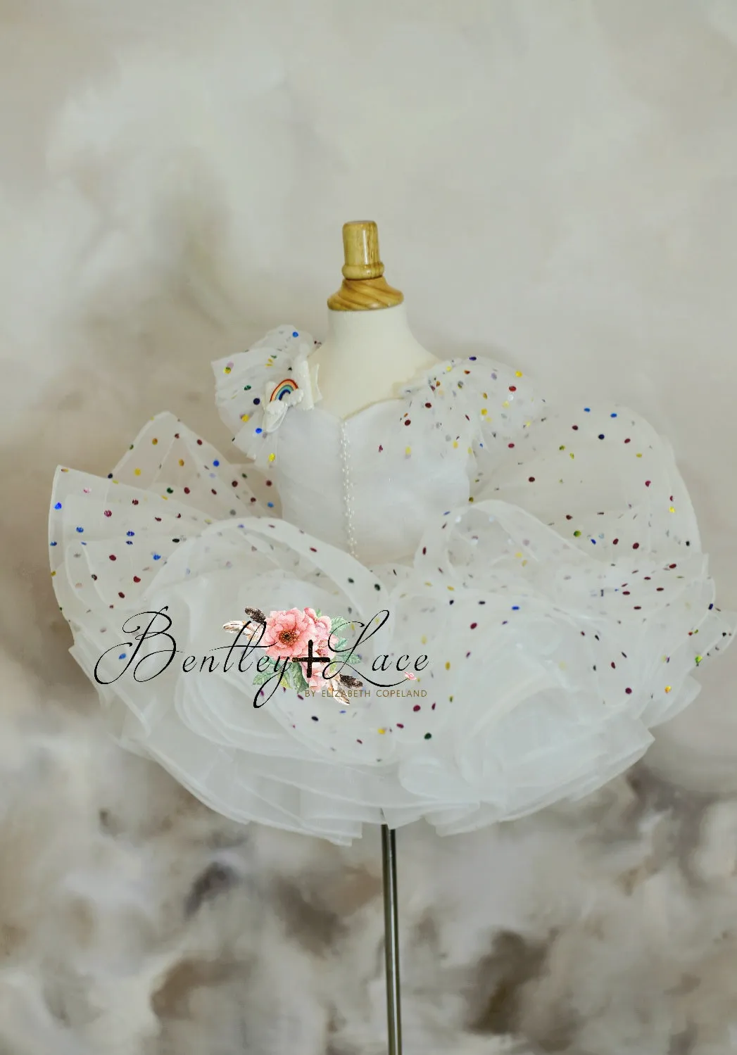Petal "Party Confetti"- toddler pleated bodice with rainbow detachable chippy- Short Length Dress (3 Year-Petite 4 Year) ready to ship. New.