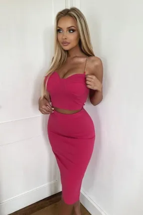 Pink Chain Strap Crop Top & Side Split Midi Skirt Co - Ord Set