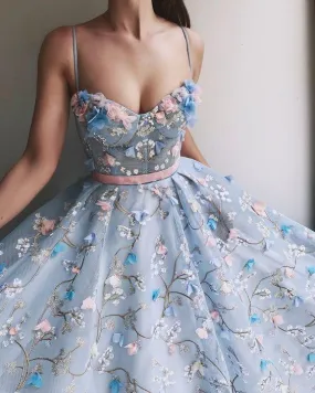 Princess Blue See Through Floral Spaghetti Straps A –line Prom Dress Formal Dress