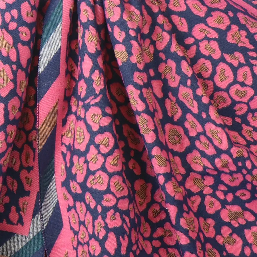 Reversible Navy Mixed Animal Print Pink Scarf