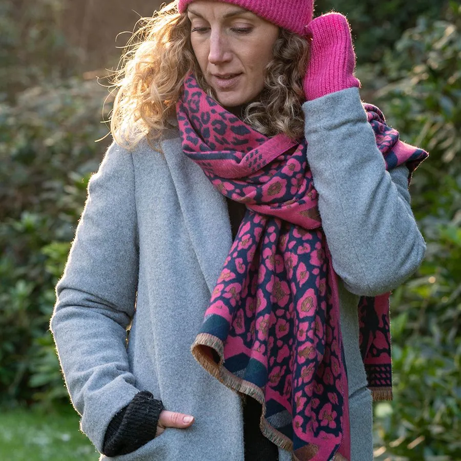 Reversible Navy Mixed Animal Print Pink Scarf