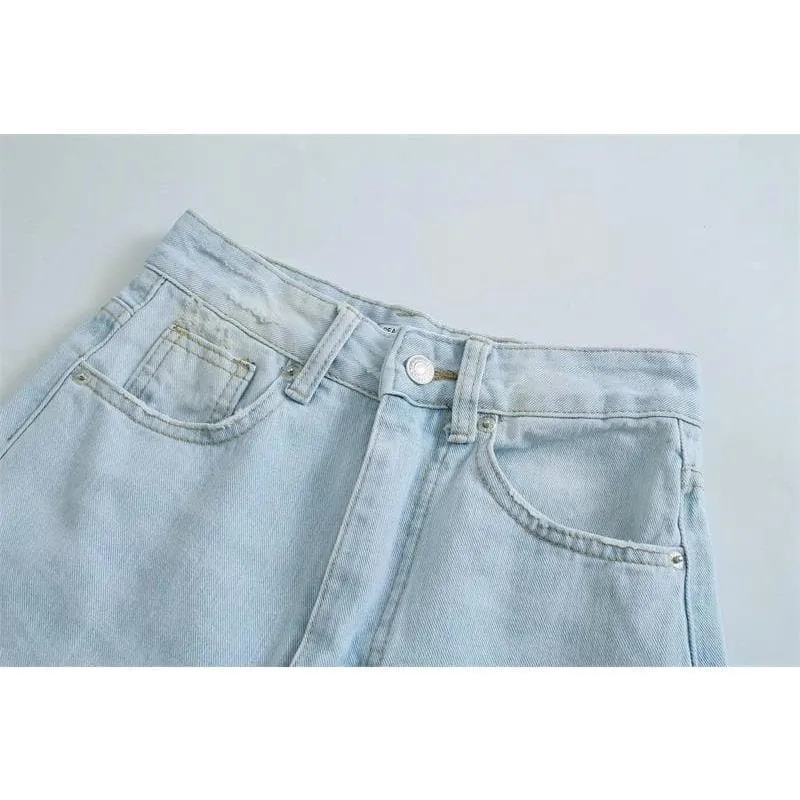 RIPPED JEAN HIGH WAIST STRAIGHT PANTS