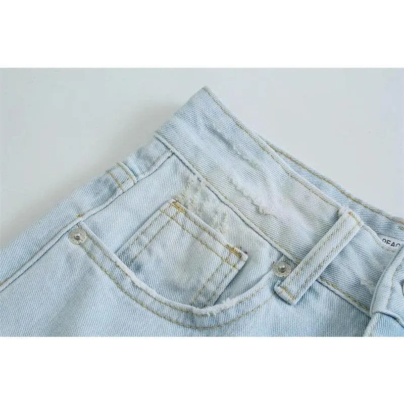 RIPPED JEAN HIGH WAIST STRAIGHT PANTS