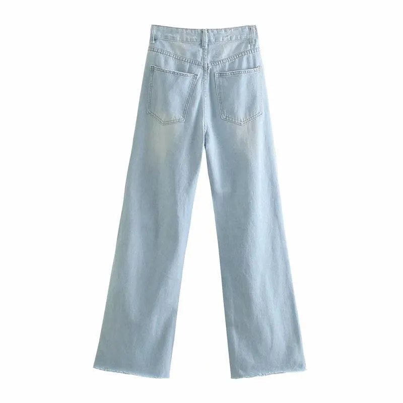 RIPPED JEAN HIGH WAIST STRAIGHT PANTS