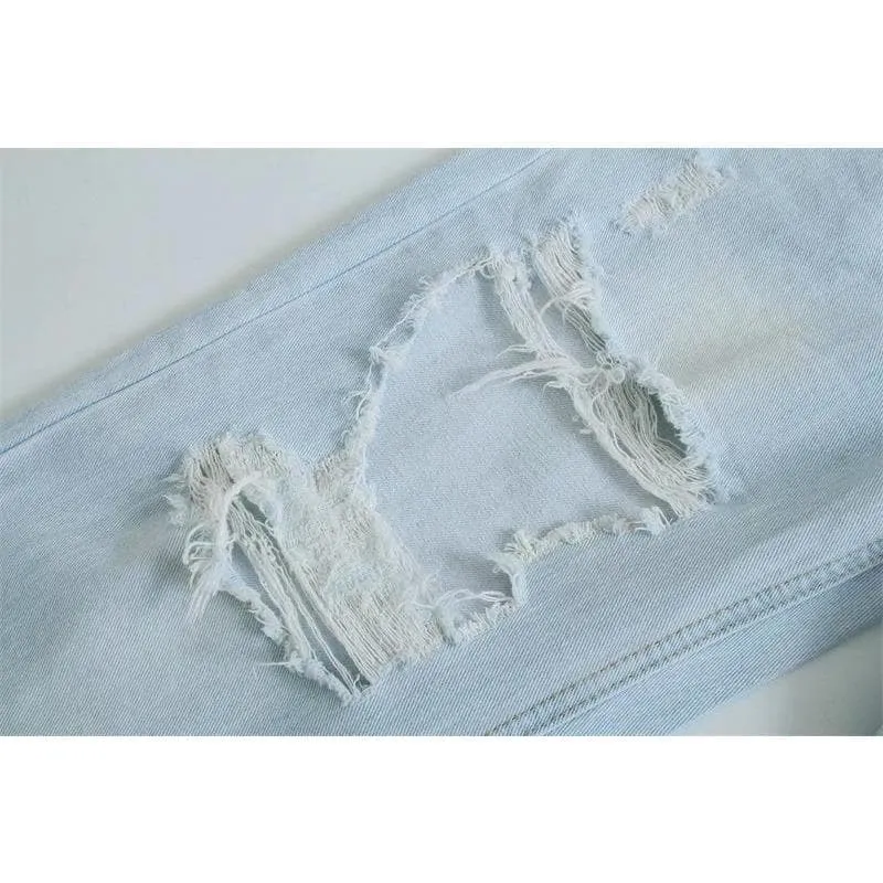 RIPPED JEAN HIGH WAIST STRAIGHT PANTS