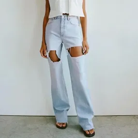 RIPPED JEAN HIGH WAIST STRAIGHT PANTS