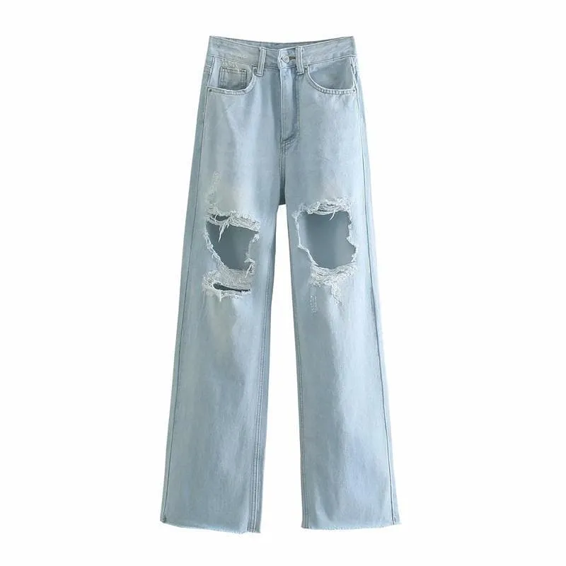 RIPPED JEAN HIGH WAIST STRAIGHT PANTS