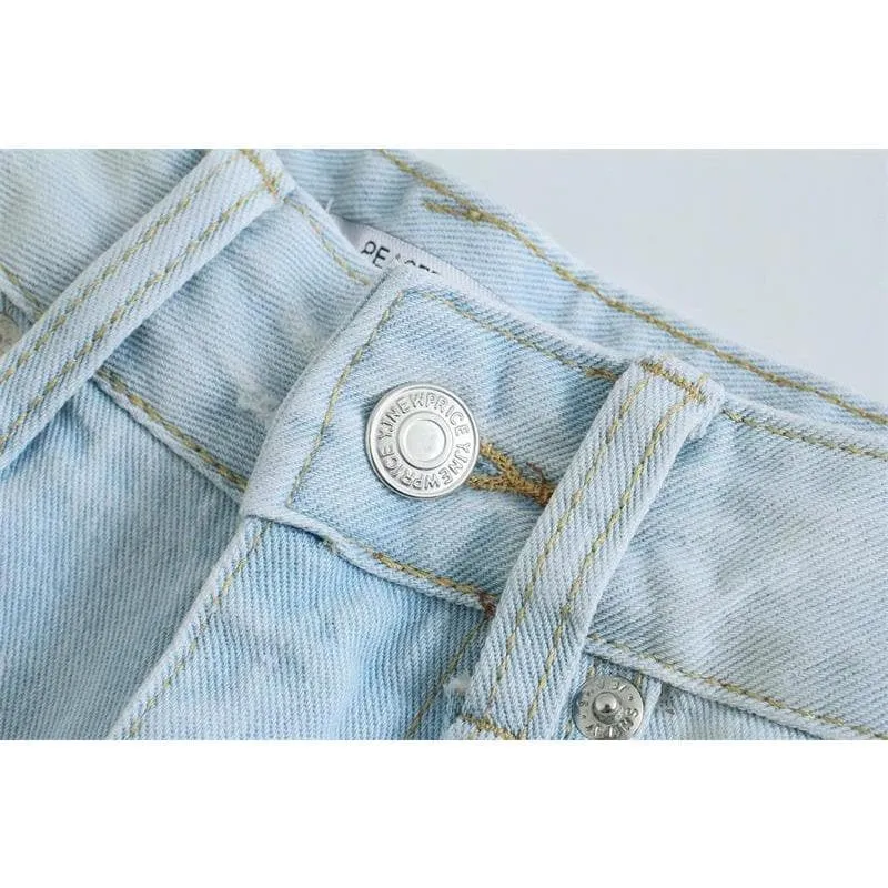 RIPPED JEAN HIGH WAIST STRAIGHT PANTS