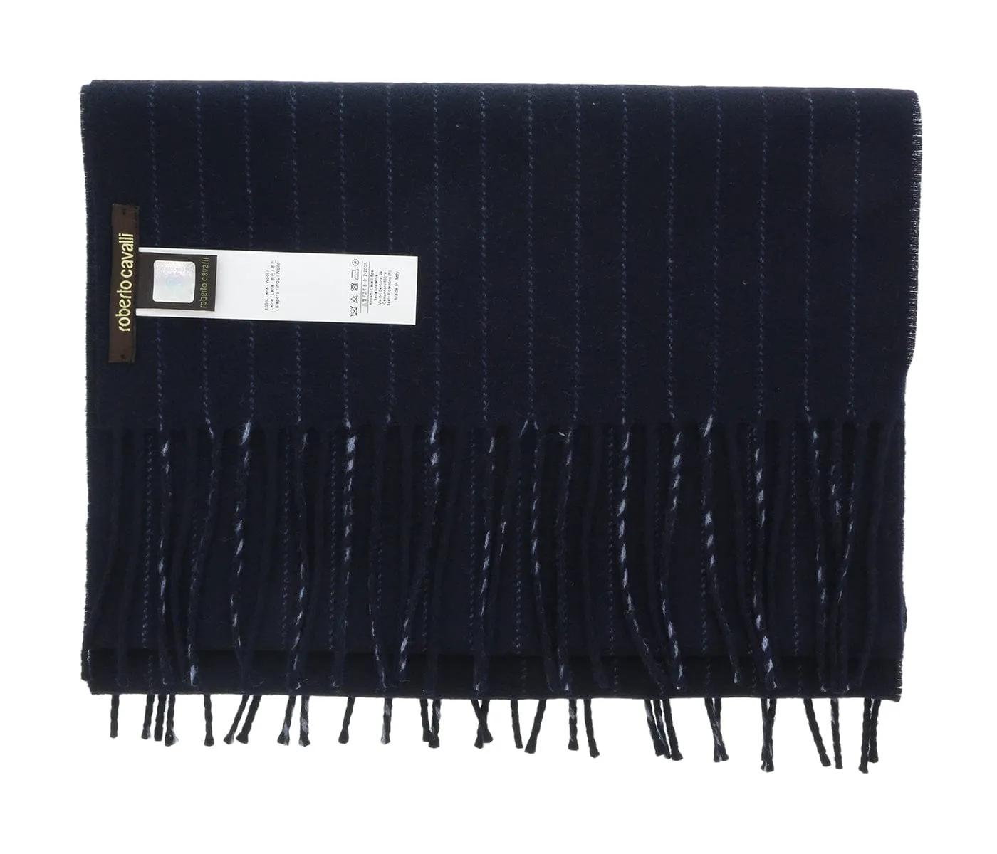 Roberto Cavalli ESZ066 04500 Navy Blue Pure Wool Brushed Pinstripe Mens Scarf