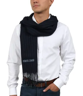 Roberto Cavalli ESZ066 04500 Navy Blue Pure Wool Brushed Pinstripe Mens Scarf